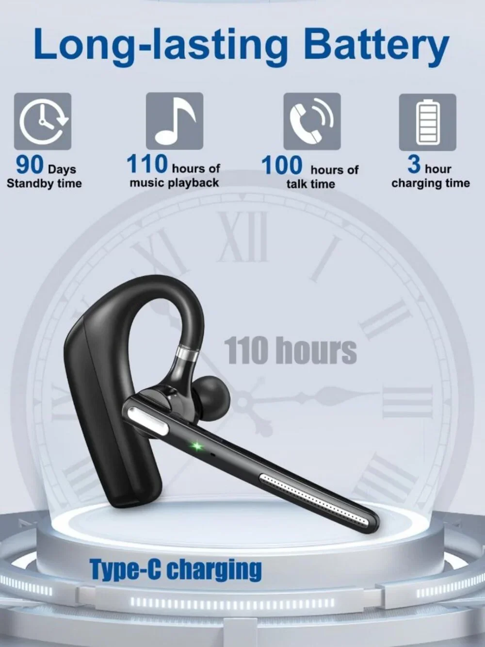 Wireless Bluetooth Headset V5.4, Noise Cancelling Earpiece, 110H Talk Time, for